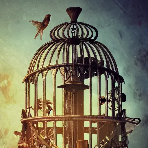 Image similar to intricate cage with bird of paradise steampunk, matte painting, cinematic, epic composition, detailed, atmospheric, wide angle, artstation trending