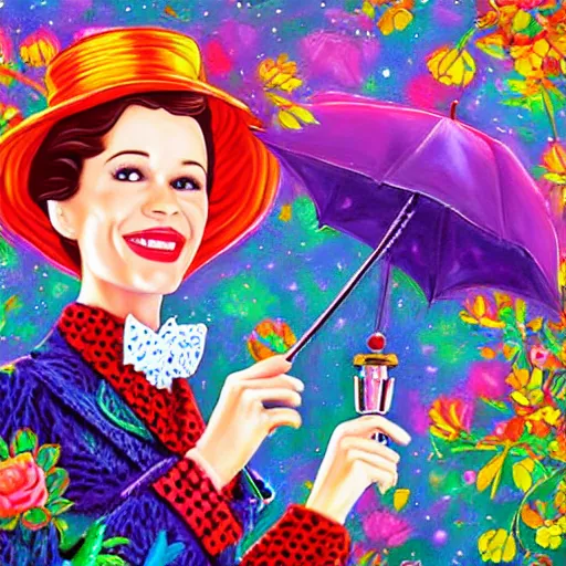 Prompt: mary poppins oil painting by lisa frank