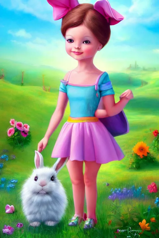 Image similar to matte sharp painting cute little girl and rabbit landscape painted by mark rydel artstation behance storybook lisa frank