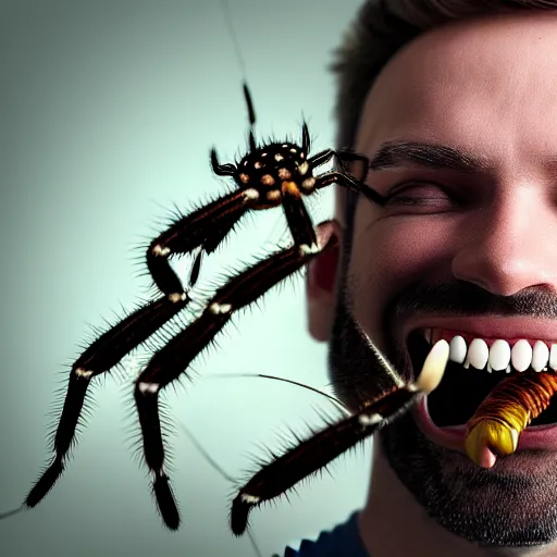 Image similar to photograph of smiling man with spiders inside his mouth, 8k resolution, high detail, ULTRA REALISTIC VFX, reflections