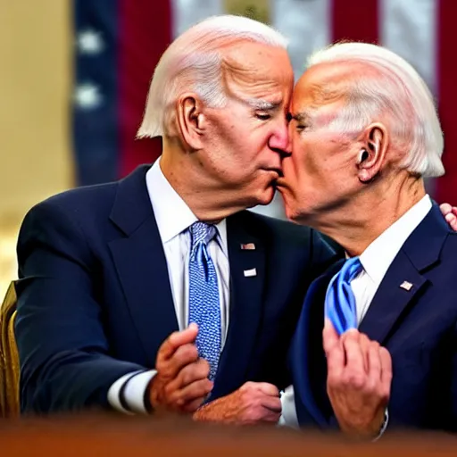 Prompt: joe biden kissing joe biden on his forehead, lovely, ultrarealistic