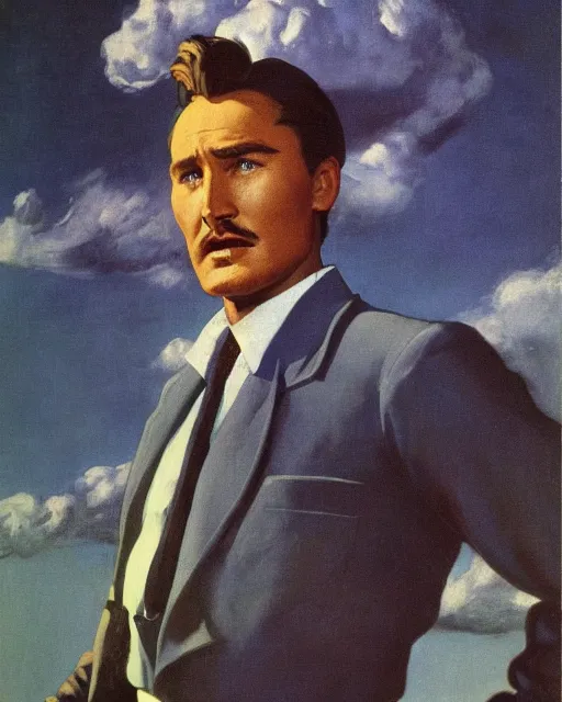 Image similar to Errol Flynn as a scientist. 1980s dystopian Soviet Russia, propaganda screens. Fantasy art by Gustave Courbet, Rosa Bonheur, Edward Hopper. Faithfully depicted facial expression, perfect anatomy, sharp focus, global illumination, radiant light, detailed and intricate environment, trending on ArtStation