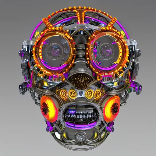 Image similar to a glossy claymodel of a steampunk aztec futuristic robot head, top of the head is made of gears and wires and multicolored glowing tubes, eyes are multicolored led screen, 8 k, front shot, symetrical, flourescent colors, halluzinogenic, multicolored, insanely detailed, 3 d render, octane