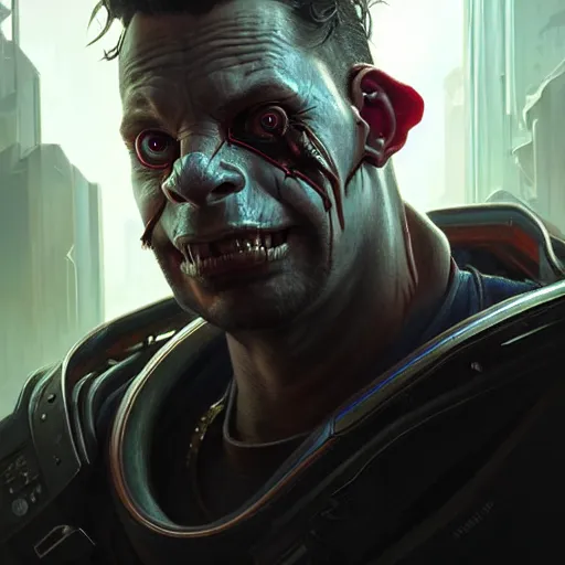 Prompt: portrait painting of a cyberpunk orc medic michael sheen, ultra realistic, concept art, intricate details, eerie, highly detailed, photorealistic, octane render, 8 k, unreal engine. art by artgerm and greg rutkowski and charlie bowater and magali villeneuve and alphonse mucha