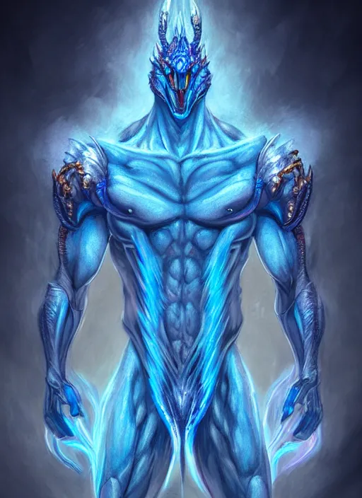 Image similar to muscular and tall blue ghostly fire humanoid dragon!!!! draconian!! intricate ornate iridescent exoesqueleton!! character concept art, sharp focus, octane render! unreal engine 5! highly rendered!! trending on artstation!! detailed linework!! illustration by artgerm, wlop, and chie yoshii