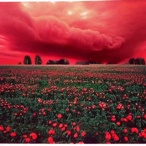 Image similar to A evil red clouds over a large flower field, eerie, 1970s photo, scary vibes