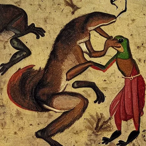 Image similar to wolf fights frog, medieval painting,