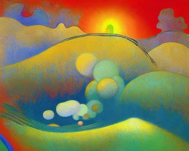 Image similar to An insane, modernist landscape painting. Wild energy patterns rippling in all directions. Curves, organic, zig-zags. Mountains, clouds. Rushing water. Waves. Psychedelic dream world. Odilon Redon. Peter Max.