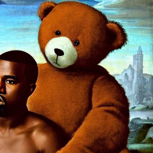 Image similar to A renaissance painting of Kanye West with a anthropomorphic Teddy Bear mascot, portrait,