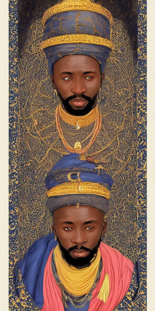 Image similar to a stunning and noble highly detailed romantic period style portrait of mansa musa by josep tapiro baro, by james jean, by kim jung gi, trending on artstation, oil painting masterpiece, symmetry, mysterious, very very very aesthetic, african iconography