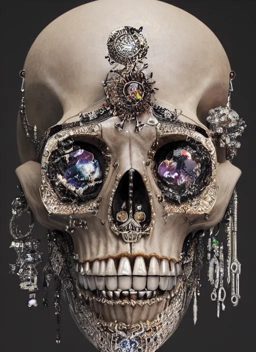 Image similar to A fancy portrait of a crystal skull covered in jewelry by Greg Rutkowski, Sung Choi, Mitchell Mohrhauser, Maciej Kuciara, Johnson Ting, Maxim Verehin, Peter Konig, Bloodborne, 8k photorealistic, cinematic lighting, HD, high details, dramatic, atmospheric , trending on artstation