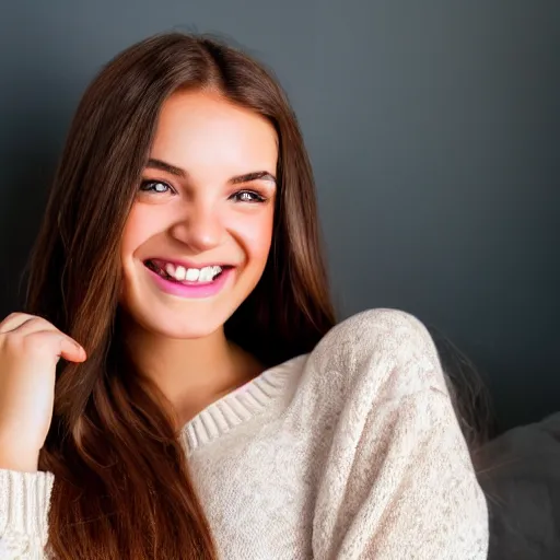 Image similar to Photograph of a cute young woman smiling, long shiny bronze brown hair, heart-shaped face, emerald green eyes, medium skin tone, light cute freckles, smiling softly, wearing casual clothing, relaxing on a modern couch, interior lighting, cozy living room background, medium shot, mid-shot, soft focus, 4k, professional photography, Portra 400