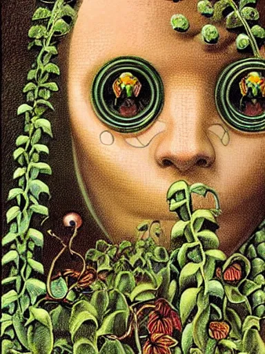 Prompt: The Hanging-Gardens of Pareidolia, ivy, verbena and pothos growing facial features and optical-illusions!!!!!, aesthetic!!!, by Gerald Brom in the style of Johfra Bosschart in the style of,