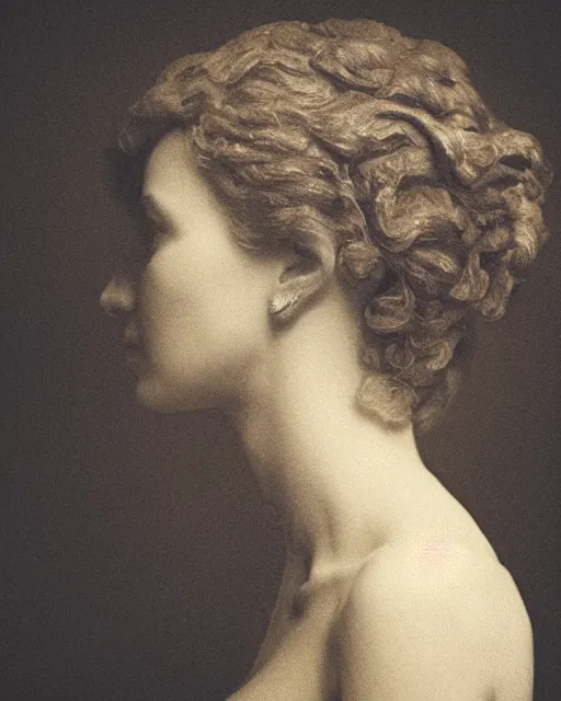 Image similar to a woman's face in profile, made of intricate decorative ivy, in the style of the dutch masters and gregory crewdson, dark and moody