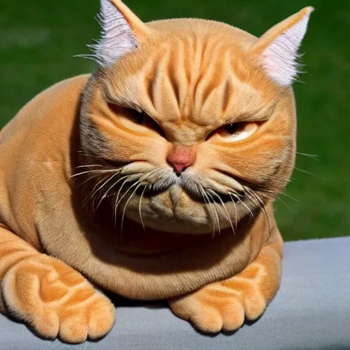 Image similar to bald garfield in real life, garfield has no hair on the top of his head, bald spot on his head, photo
