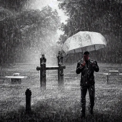 Image similar to dwayne the rock johnson visiting a graveyard in the rain, sad feeling, photorealistic, moody lighting,