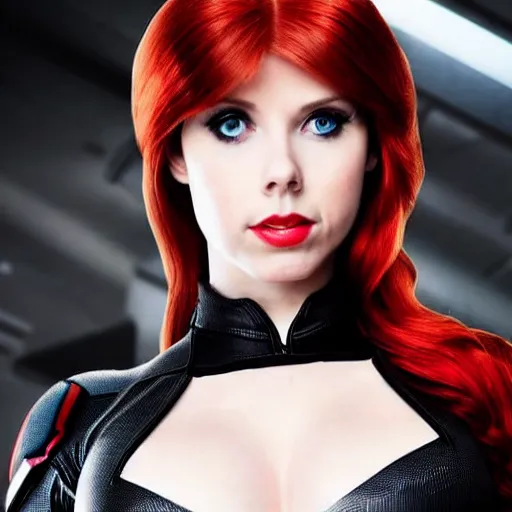 Image similar to A still photograph of Amouranth as Black Widow,