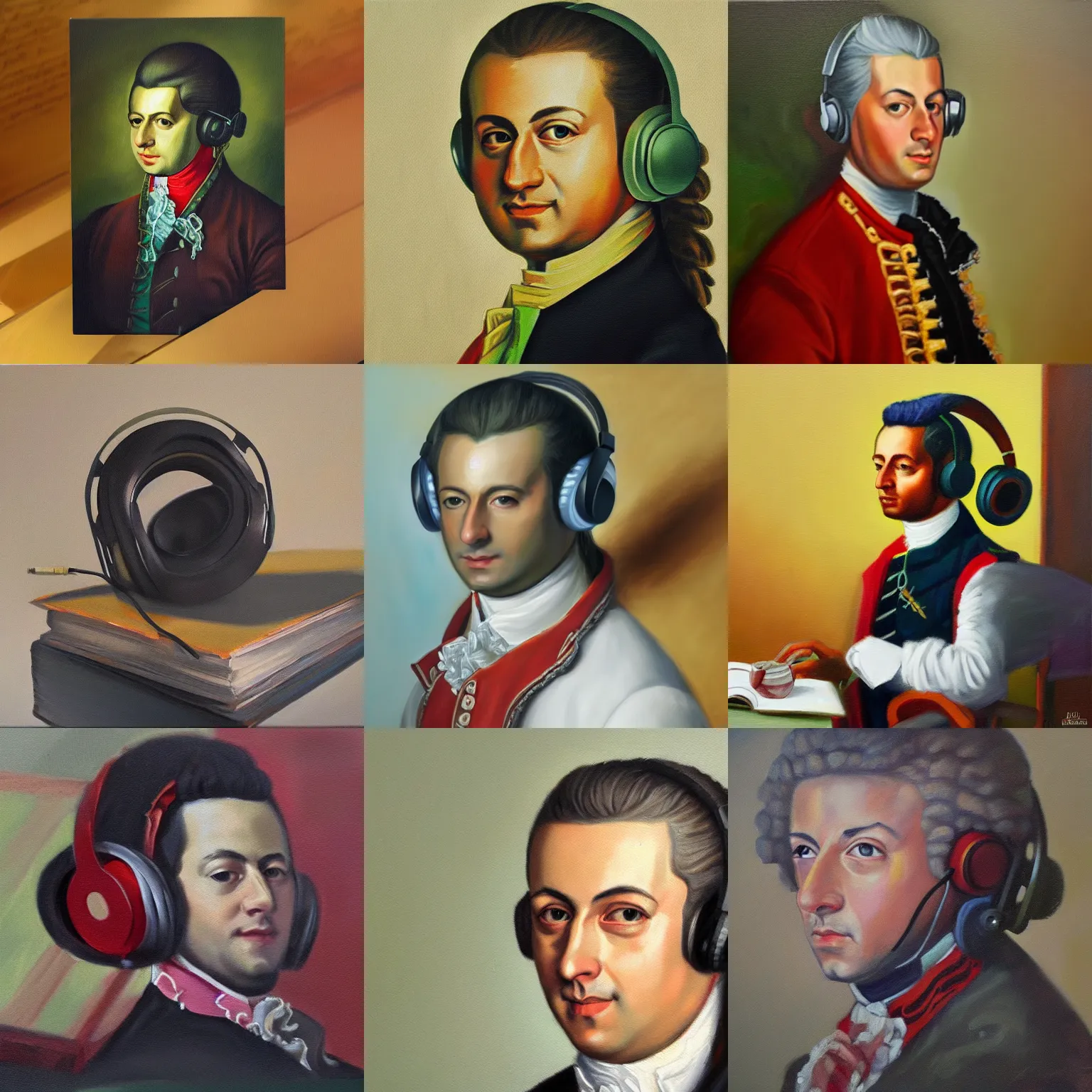 Prompt: photorealistic oil painting of Mozart lofi beats to study relax to headphones jamming out concentrating