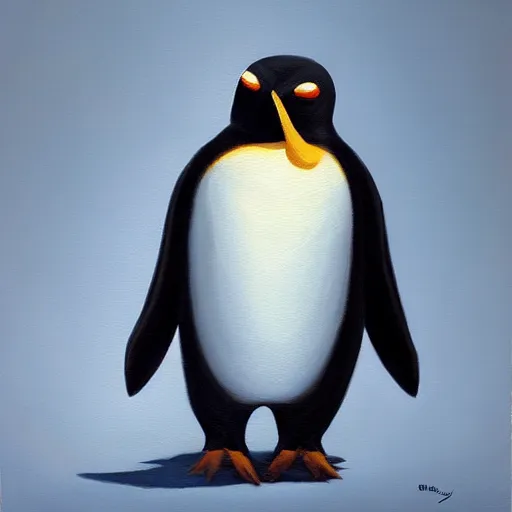 Image similar to oil painting, a developer penguin in a suit, intricate, masterpiece, artstation, stunning