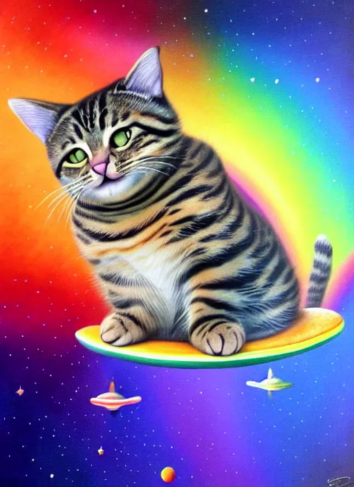 Image similar to a cute chubby tabby cat surfing on a rainbow in outer space, diffuse lighting, detailed face, fantasy, intricate, surrealism!!!!, highly detailed, lifelike, photorealistic, digital painting, artstation, illustration, concept art, smooth, sharp focus,