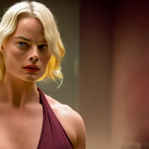 Prompt: Margot Robbie as real-life Hulk, cinematic, Wide-shot, atmospheric lighting, directed by Quentin Tarantino, extreme detail, 8K, movie still