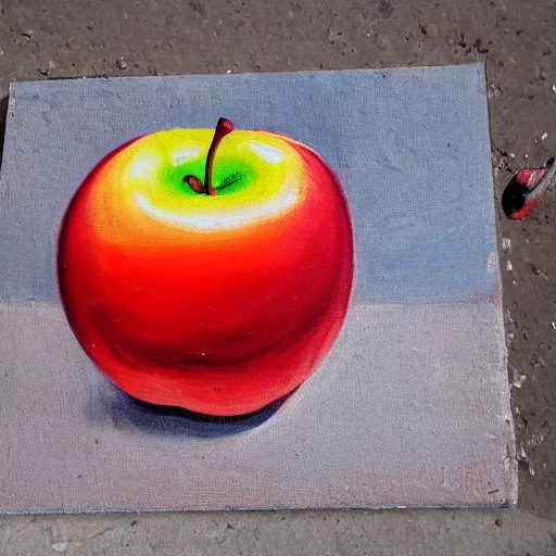 Image similar to a painting of an apple on the sidewalk on the street of marrakesh