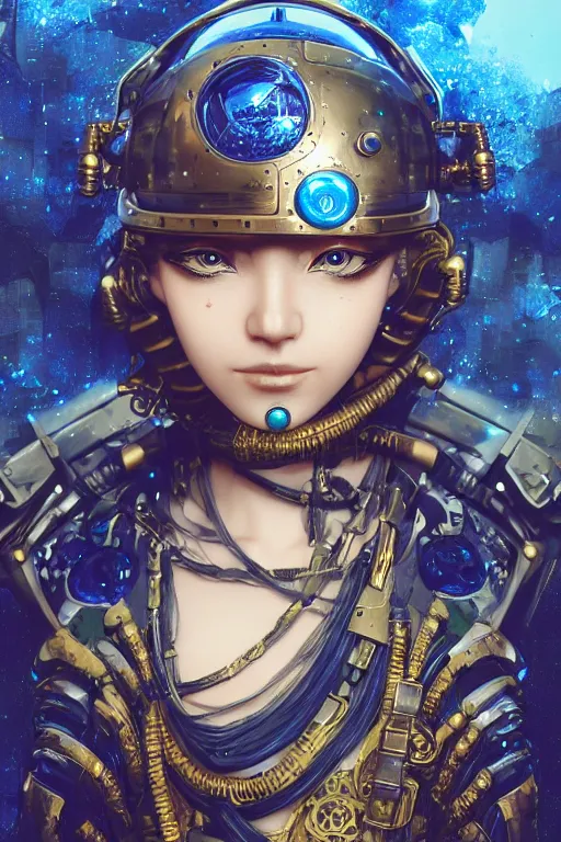 Prompt: Portrait of a steampunk sci-fi cyborg ninja, third person, D&D, sci-fi fantasy, intricate, blue and gold, highly detailed , art by Range Murata, highly detailed, 3d, octane render, bright colors, digital painting, trending on artstation, sharp focus, illustration style of Stanley Artgerm,