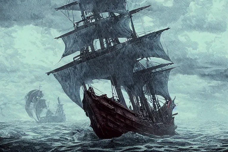 Prompt: epic pirate ship in a storm, cthulhu rises from the sea, cthulhu, cthulhu!!! in the style of vernon grant and chris van allsburg, trending on artstation, bright tilt - shift camcorder effect, photoshop, retrowave, hyperrealism,