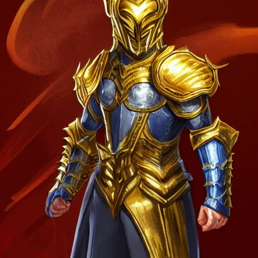 Image similar to a highly detailed character portrait of a man wearing a epic golden armor with glowing blue eyes concept art