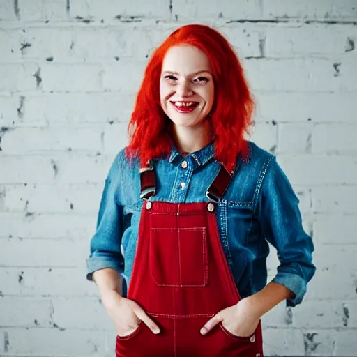 Image similar to A red haired woman dressed in overalls smiling at the camera