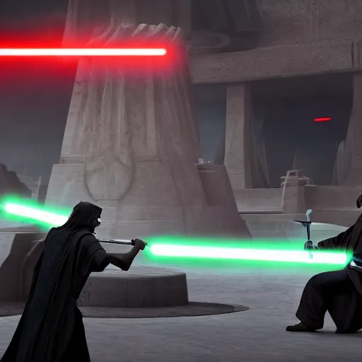 Prompt: A sith fighting a Jedi in the Jedi temple. Epic, cinematic lighting, dreary, other worldly.