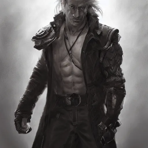 Prompt: portrait of a muscular, grim, ponytail haired blonde man in his late 30's, wearing a thick brown leather coat, looking to his side, hunter, DnD character, fantasy character, dramatic lighting, high detail, black and white digital art by Ruan Jia, Krenz Cushart, Rossdraws and Boris Vallejo