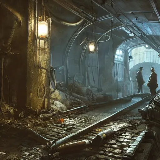 Image similar to painting of a post scenery at metro lowest level, underground, dark, rails, ultra realistic, concept art, intricate details, eerie, highly detailed, fallout, metro 2 0 3 3, wasteland, photorealistic, octane render, 8 k, unreal engine 5. art by artgerm and greg rutkowski and alphonse mucha