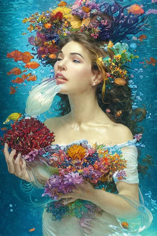 Image similar to portrait of a beautiful mysterious woman holding a bouquet of flowing flowers, small bubbles from her mouth, hands hidden under the bouquet, submerged underwater filled with colorful small fish and coral reef, fantasy, regal, intricate, by stanley artgerm lau, greg rutkowski, thomas kindkade, alphonse mucha, loish, norman rockwell