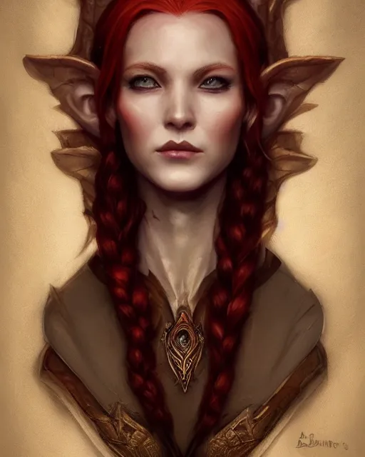 Prompt: a detailed matte oil on canvas head on symmetrical portrait of a distinguished elven woman with separated red hair ( ( ( ( ( makeup ) ) ) ) ) by charlie bowater and lise deharme wlop, trending on artstationhd, dungeons and dragons art critical role