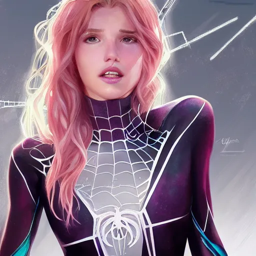 Image similar to ultra realistic illustration, bella thorne as spidergwen anime, intricate, elegant, highly detailed, digital painting, artstation, concept art, smooth, sharp focus, illustration, art by artgerm and greg rutkowski and alphonse mucha and wlop