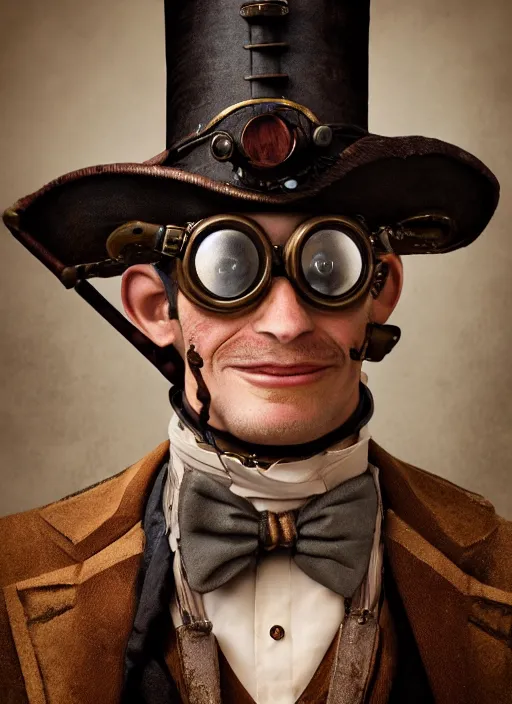 Prompt: closeup portrait of a steampunk medieval goblin wearing a top hat and goggles, depth of field, zeiss lens, detailed, symmetrical, centered, fashion photoshoot, by Annie Leibovitz and Steve McCurry, David Lazar, Jimmy Nelsson, Breathtaking, 8k resolution, extremely detailed, beautiful, establishing shot, artistic, hyperrealistic, beautiful face, octane render