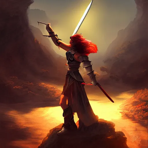 Image similar to a victorious fantasy warrior raising sword in a beautiful valley, dramatic lighting, digital painting, concept art