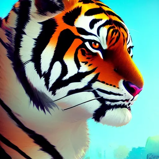 Image similar to portrait of an antropomorphic bengal tiger, mattepainting concept blizzard pixar maya engine on stylized background splash comics global illumination lighting artstation, sharp focus, lois van baarle, ilya kuvshinov, rossdraws