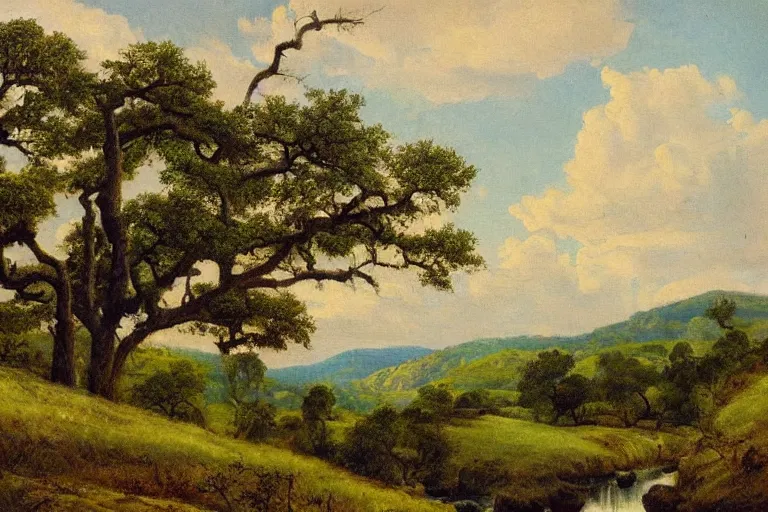 Image similar to masterpiece painting of oak trees on a hillside overlooking a creek, by arthur frank mathews