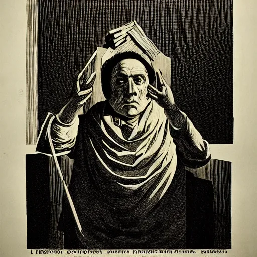 Image similar to lithography on paper conceptual figurative post - morden monumental portrait by goya and escher and hogarth, illusion surreal art, highly conceptual figurative art, intricate detailed illustration, controversial poster art, polish poster art, geometrical drawings, no blur