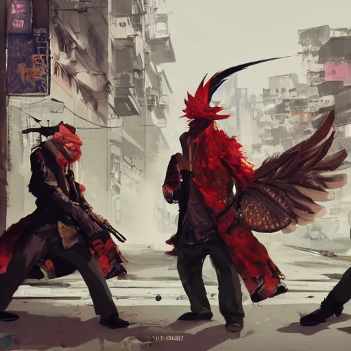 Prompt: concept art of chicken dressed asian assassins gang in action killing people in the crowded streets of hong kong, chicken dressed men, highly detailed painting by dustin nguyen, akihiko yoshida, greg tocchini, greg rutkowski, cliff chiang, 4 k resolution, trending on artstation, 8 k, man dressed as a chicken