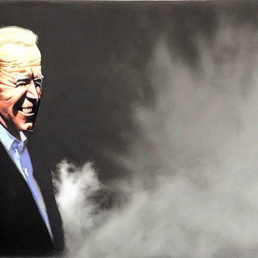 Image similar to creepy joe biden appearing from the shadows, hyper realism, horror, terror, shawody, dark lighting, mist, fog, smoke, scary,