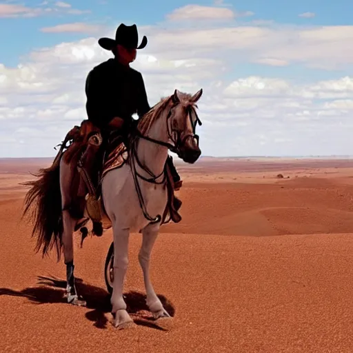 Prompt: gunslinger on a horse overlooking the desert, by Bruce Trimm and Eric Radomski