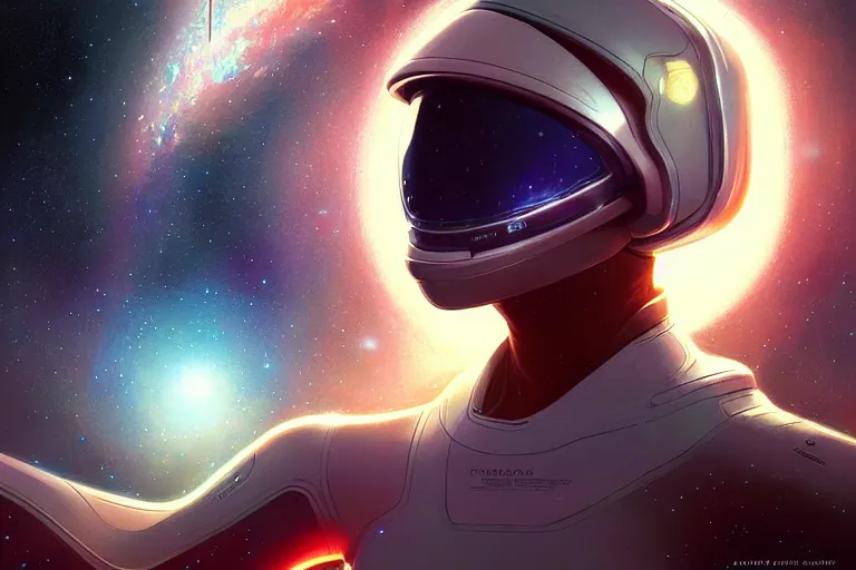 Image similar to Portrait of a Futuristic reflective spacesuit visor mirror spacesuit reflecting a nebula supernova in space, portrait, elegant, intricate, digital painting, artstation, concept art, smooth, sharp focus, illustration, art by artgerm and greg rutkowski and alphonse mucha