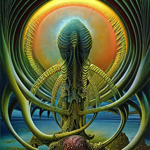 Image similar to divine chaos engine by roger dean and andrew ferez, symbolist, visionary, detailed, realistic, surreality, art forms of nature by ernst haeckel
