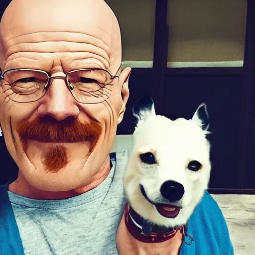 Image similar to Walter White with the dog filter, selfie, cute, snapchat, lighthearted, wholesome