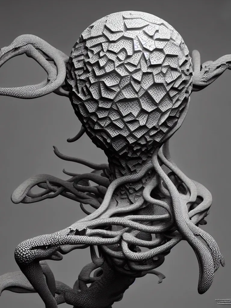 Image similar to realistic detailed image of a voronoi object, diorama, render by by Zhelong Xu, Beksinsky, Hou Yimin, Giger, Dan Howard, Haeckel, desaturated, masterpiece
