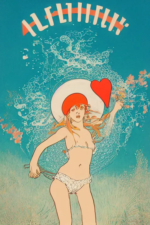 Prompt: A girl in a white lacy bikini and white sun hat and Holding a heart-shaped lifebuoy, jumping for joy,long orange hair floating on air ,Waves and splashes,beach,geometric shapes, hard edges ,Smooth visual lines,,graphic Design by mucha and studio ghibli