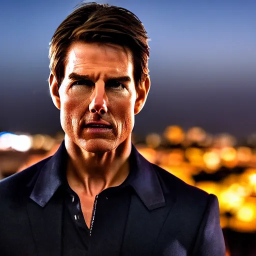 Image similar to a still of Tom Cruise. Shallow depth of field. City at night in background, lights, colors ,studio lighting, mood, 4K. Profession photography